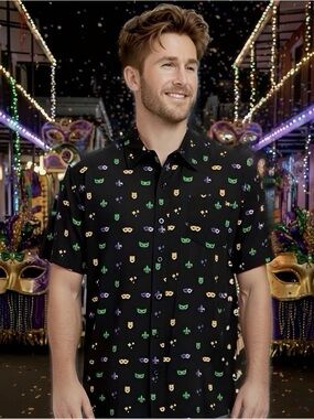 Tipsy Elves Button Up Shirt Mens L Black Mardi Gras Mask Party Festival Casual